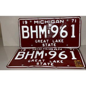 1971 1972 Michigan License Plate PAIR #BHM-961 man cave decor red